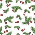 Pine branches with cones and Christmas balls. White background. Vector illustration.
