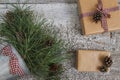 Pine branches and cones, craft gift and blank card top view