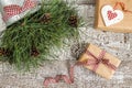 Pine branches and cones, craft gift and blank card top view