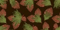 Pine Branches and Cones Seamless Pattern on Dark Background Royalty Free Stock Photo