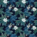 Pine branches and snow seamless pattern background