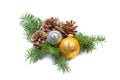 Pine cone with bauble and evergreen branch on a white background