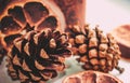 Pine cone, cones and orange on a background, closeup! Royalty Free Stock Photo