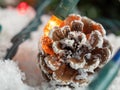 Pine cone on decorative snow under a Christmas tree Royalty Free Stock Photo
