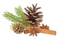 Pine cone, fir tree branch, cinnamon sticks and anise stars on white background. Christmas decorations Royalty Free Stock Photo