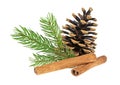 Pine cone, fir tree branch and cinnamon sticks on white background. Christmas decorations Royalty Free Stock Photo