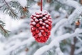 Pine cone hanging on a snowed pine tree branch. Natural decoration for Christmas. Generative AI