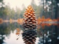 a pine cone on a lake