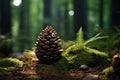 A pine cone lying on a moss-covered tree stump in a mystical forest, close up Royalty Free Stock Photo