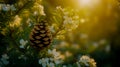 A pine cone nestled among white flowers on an evergreen tree, with sunlight filtering through the branches Royalty Free Stock Photo
