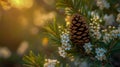 A pine cone nestled among white flowers on an evergreen tree, with sunlight filtering through the branches Royalty Free Stock Photo