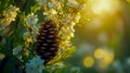 A pine cone nestled among white flowers on an evergreen tree, with sunlight filtering through the branches Royalty Free Stock Photo