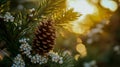 A pine cone nestled among white flowers on an evergreen tree, with sunlight filtering through the branches Royalty Free Stock Photo