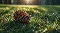 Sunlit Pine Cone on Dewy Green Grass Royalty Free Stock Photo
