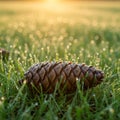A pine cone rests on dewy grass, surrounded by tiny droplets of water Royalty Free Stock Photo