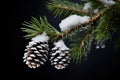 pine cones on a branch with snow