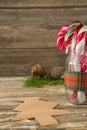 Pine cones and candy cane in jar against wooden plank Royalty Free Stock Photo