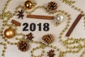 2018, pine cones, cinnamon sticks, star anise, baubles and pearl Royalty Free Stock Photo