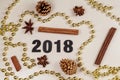 2018, pine cones, cinnamon sticks, star anise and pearl tinsel Royalty Free Stock Photo