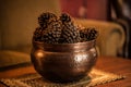 Pine Cones in a Hammered Bronze container