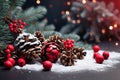 Pine cones sprinkled with artificial snow.