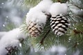 pine cones on a tree branch with snow