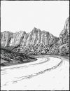 Pine Creek Canyon in Zion National Park Along Zion Park Blvd in Springdale Utah Pen and ink drawing