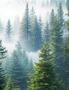 Pine forest with fog that covers the whole area