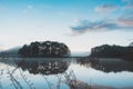 Pine forest island and shrubs refection on the lake at dawn with magic of the sky and clouds part 2 Royalty Free Stock Photo