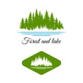 Pine forest and lake / river logo design vector