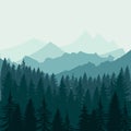 Pine forest and mountains backgrounds. Panorama taiga silhouette illustration vector EPS Royalty Free Stock Photo