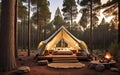 Pine forest retreat as the sun sets, a cozy luxuries camping tent stands amidst a serene pine forest,