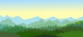 Pine forest. Silhouettes of coniferous trees. Morning. Wild landscape horizontally. Nice panoramic view. Beautifully