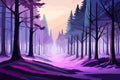 Pine forest at sunset. Vector illustration, purple and blue vibe, beautiful landscape, generative ai Royalty Free Stock Photo
