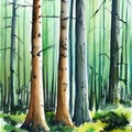 Pine forest, tree trunks, watercolor. AI generated Royalty Free Stock Photo