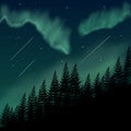 Pine forest view with aurora borealis meteor and starry night sky wallpaper background Royalty Free Stock Photo