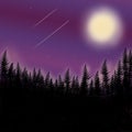 Pine forest view with meteor and moon starry night sky wallpaper background
