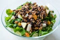 Pine Nut Salad with Walnut, Pear, Dried Apricot, Arugula or Rucola Leaves in Glass Bowl Royalty Free Stock Photo