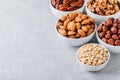 Pine nuts, almonds, pecans, walnuts and hazelnuts in white bowls on grey background. Mixed nuts. Healthy food and snack. Royalty Free Stock Photo