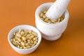 Pine nuts in bowl and mortar Royalty Free Stock Photo
