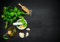 Pine Nuts with Pestle and Mortar on Copy Space Royalty Free Stock Photo