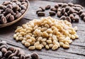 Pine nuts on the wooden table. Organic food. Top view Royalty Free Stock Photo