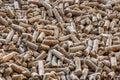 Pine pellet litter for pets and biofuel, textured background. Macro close up details, one color full frame image. Royalty Free Stock Photo