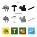 Pine, poisonous mushroom, tree, squirrel, saw.Forest set collection icons in black, flat, monochrome style vector symbol