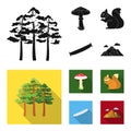 Pine, poisonous mushroom, tree, squirrel, saw.Forest set collection icons in black, flat style vector symbol stock