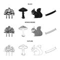 Pine, poisonous mushroom, tree, squirrel, saw.Forest set collection icons in black,monochrome,outline style vector