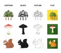 Pine, poisonous mushroom, tree, squirrel, saw.Forest set collection icons in cartoon,black,outline,flat style vector