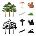 Pine, poisonous mushroom, tree, squirrel, saw.Forest set collection icons in cartoon,black style vector symbol stock Royalty Free Stock Photo