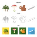 Pine, poisonous mushroom, tree, squirrel, saw.Forest set collection icons in cartoon,outline,flat style vector symbol