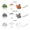 Pine, poisonous mushroom, tree, squirrel, saw.Forest set collection icons in cartoon,outline,monochrome style vector Royalty Free Stock Photo